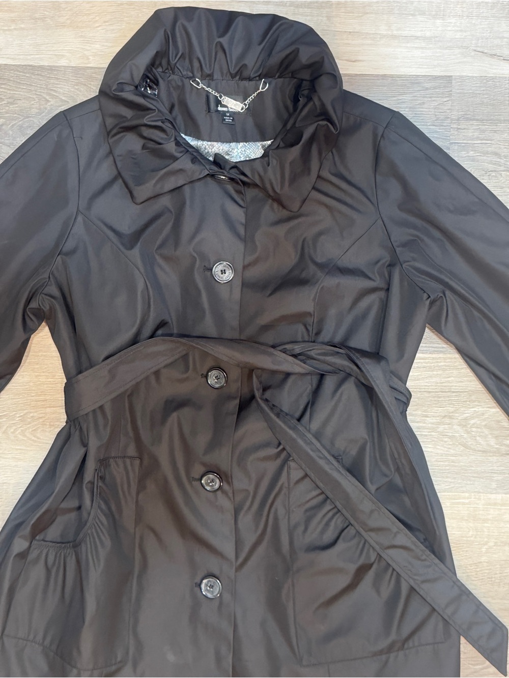dennis basso Black Belted Trench Coat w/ Ruffled Collar & Hidden Hood